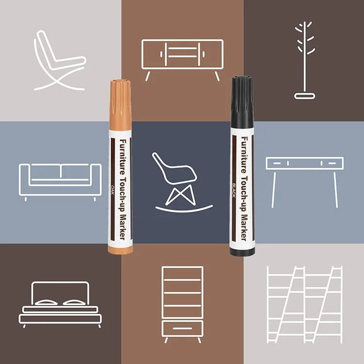 Zwei Möbelreparierstifte für Holzkratzer, mit einer orangefarbenen Spitze mit der Aufschrift okk und einer schwarzen Spitze mit der Aufschrift black für eine effektive Möbel-Überarbeitung.