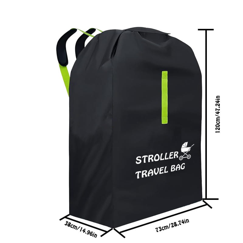 schwarze Kinderwagen-Reise-Transporttasche mit Neon-Grün-Trägern und vertikalem Reißverschlussgriff mit weißem Text und Babywagen-Symbol, entworfen als universeller Pram-Staubschutz-Organizer