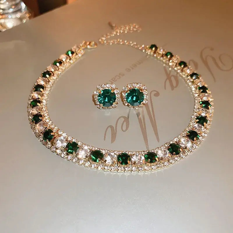emerald green and clear crystal-studded gold-tone necklace and earring set for pink ab wedding jewelry