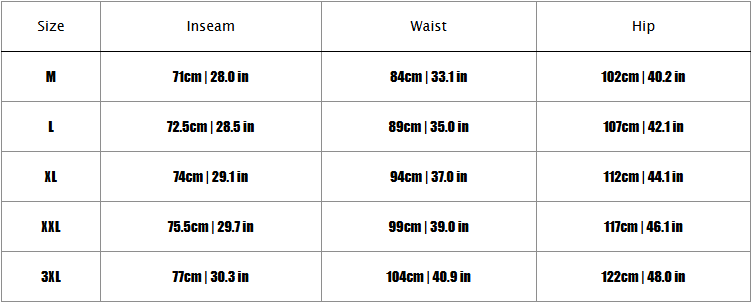 Size chart for men’s striped casual dress pants showing measurements in inches from size medium to 3XL.
