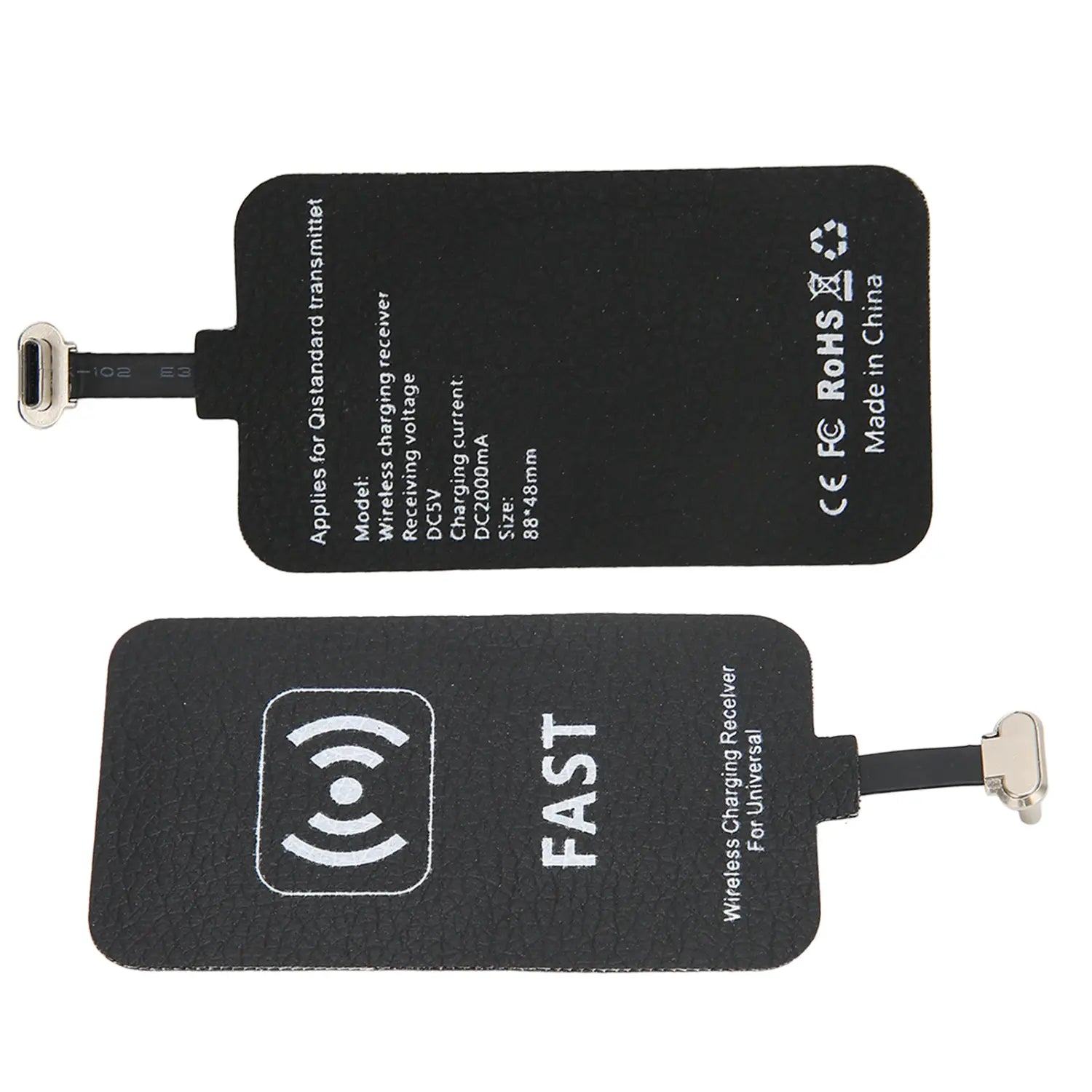 効率的なワイヤレス充電に対応するUSB-Cコネクタを備えた、白色の文字とロゴが特徴の黒色ワイヤレス充電レシーバー（Type-C）10W急速充電