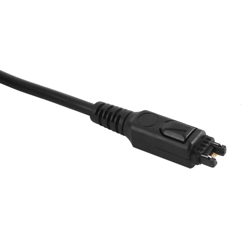Schwarzes geformtes Ladekabel aus Kunststoff mit vergoldeten Kontakten und integriertem Druckknopf für die Modelle Motorola MTP810, MTP750, MTP850 und MTP850S.
