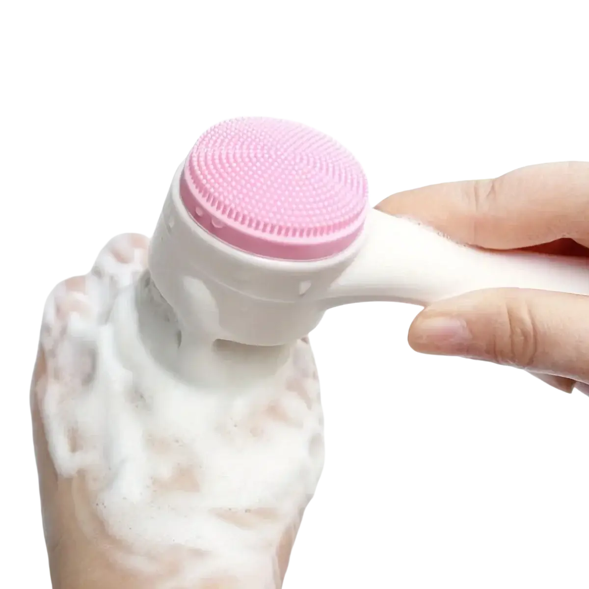 Rosafarbene und weiße Silikon-Pfotenreiniger- und Massagebürste für Haustiere mit einem weichen Silikonkopf, von vorne betrachtet.