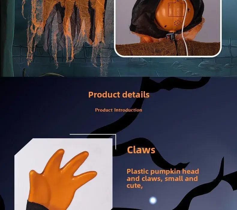 Cabeza de espantapájaros de calabaza naranja de plástico, con pequeñas garras tiernas y ojos LED colgantes, como decoración de Halloween.