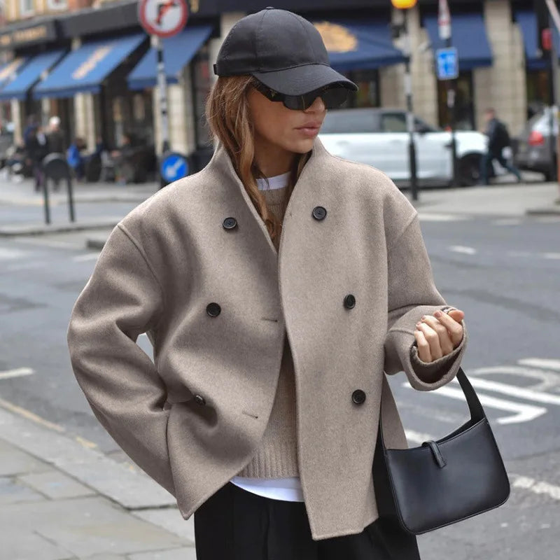Wool Jacket Coat Women Vintage Woolen Jackets Double Breasted Warm Outerwear Office Lady High Street Overcoat Autumn Winter