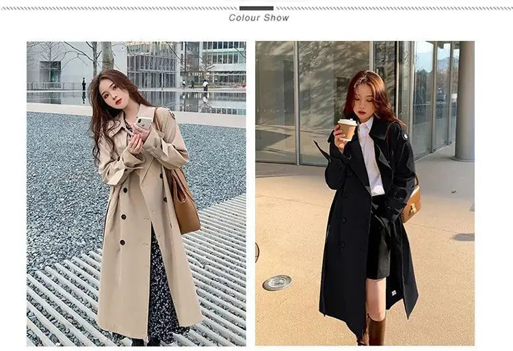 Beige women double-breasted trench coat with classic dark buttons designed as a casual windbreaker.