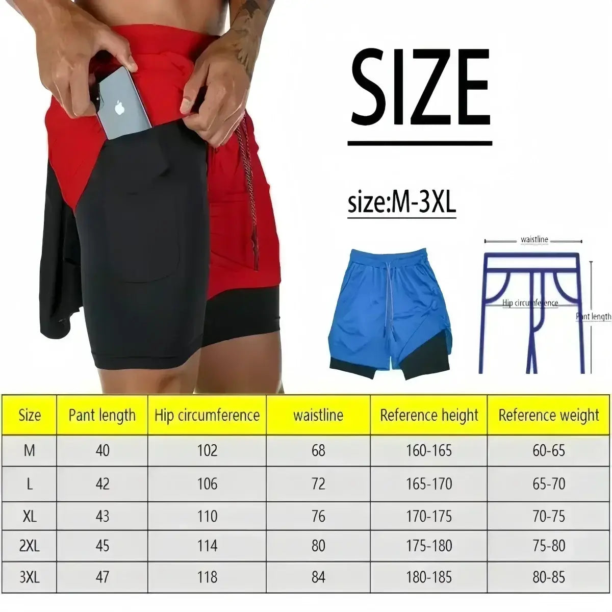 Hombres, pantalones cortos de entrenamiento atléticos 2 en 1 rojos y negros para gimnasio con bolsillo lateral y trabilla para la toalla, diseñados para el uso activo y que ofrecen soporte.
