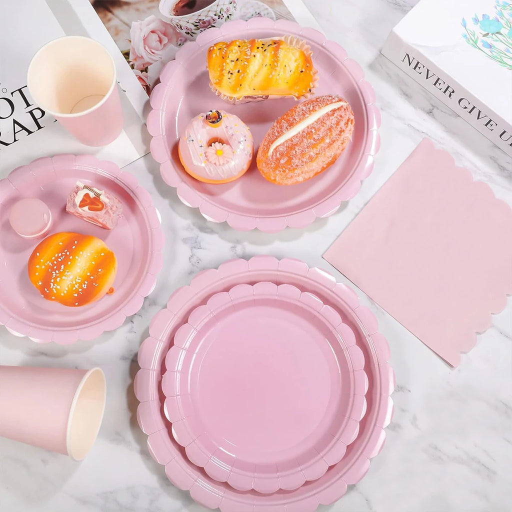 Pink Party Tableware Set Scalloped Edge Paper Plates Cups Napkins Disposable Dinnerware for Birthday Baby Shower Wedding Decor