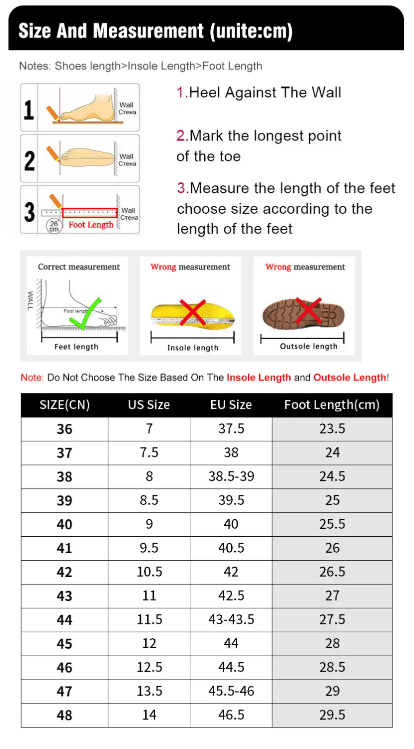 Size and measurement chart for men high top leather casual sneakers displaying us and eu sizing conversions and foot length in centimeters with diagrams illustrating correct and incorrect measurement methods.
