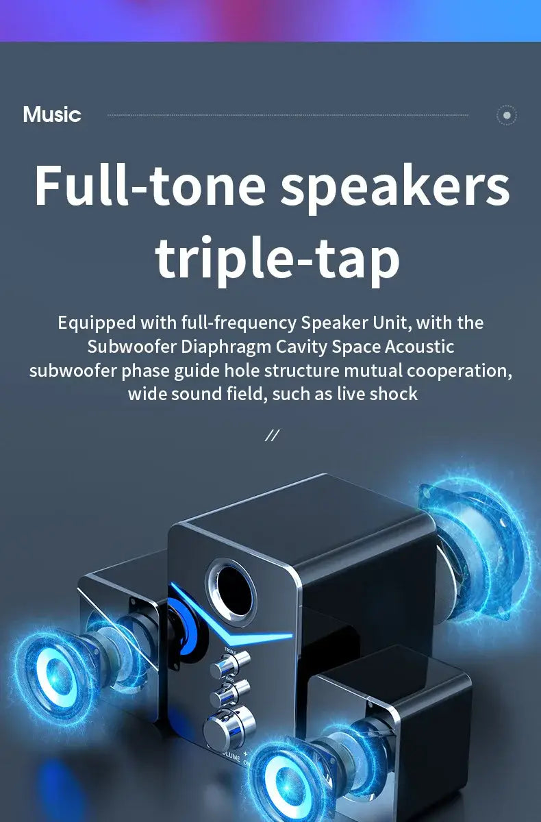 Système d’enceinte de jeu Bluetooth en forme de cube noir avec des haut-parleurs circulaires bleus lumineux et des boutons de commande argentés, doté d’un caisson de basses à DEL.