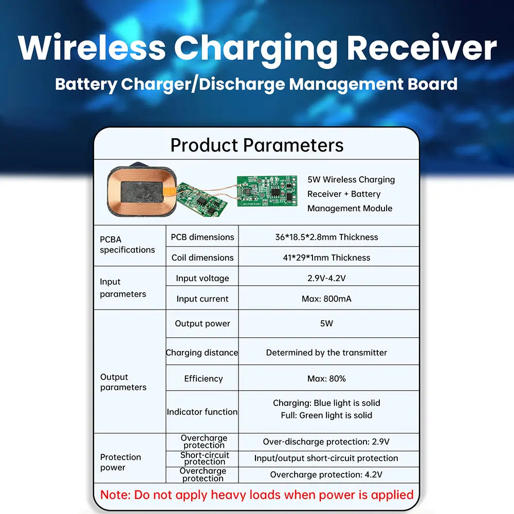 5w wireless charging receiver module for 3.7v battery showing copper-colored coil and green circuit board with built-in battery management for efficient power transfer.
