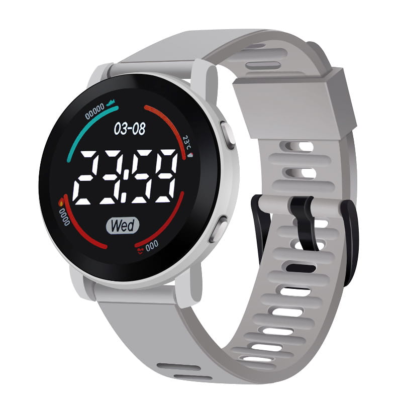 Gray silicone girls digital sports watch with waterproof LED wristwatch featuring a circular digital display showing time, date, and temperature.