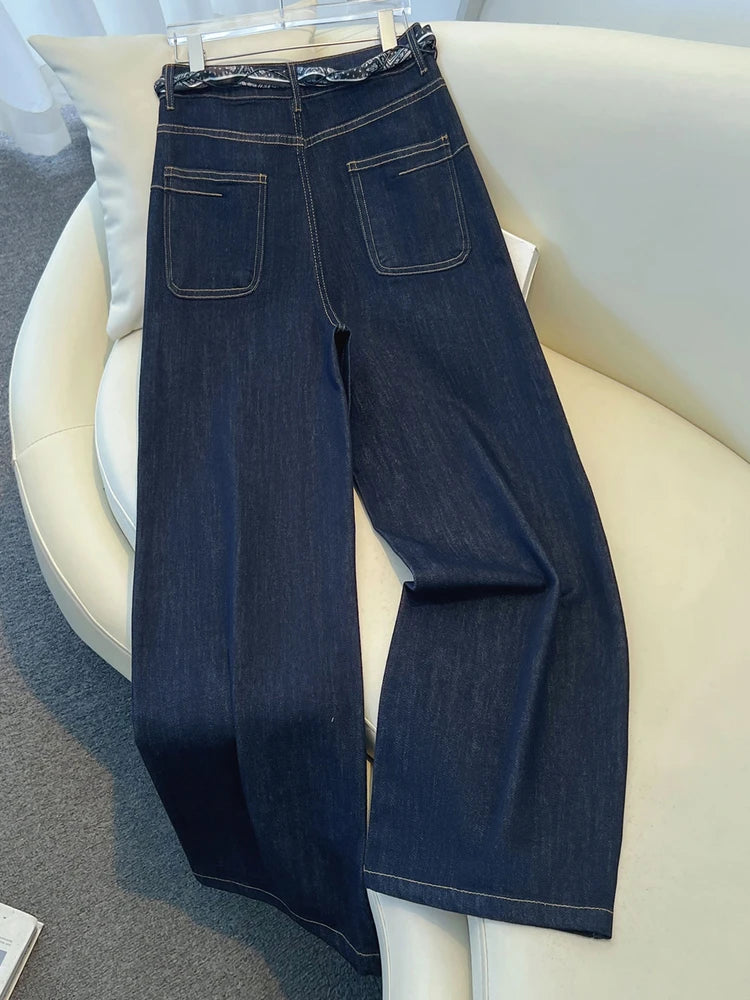 High-End Denim Blue Women's Jeans Straight Leg Wide Leg Pants with Silk Scarf Belt Retro Design Autumn New Style Casual Cotton