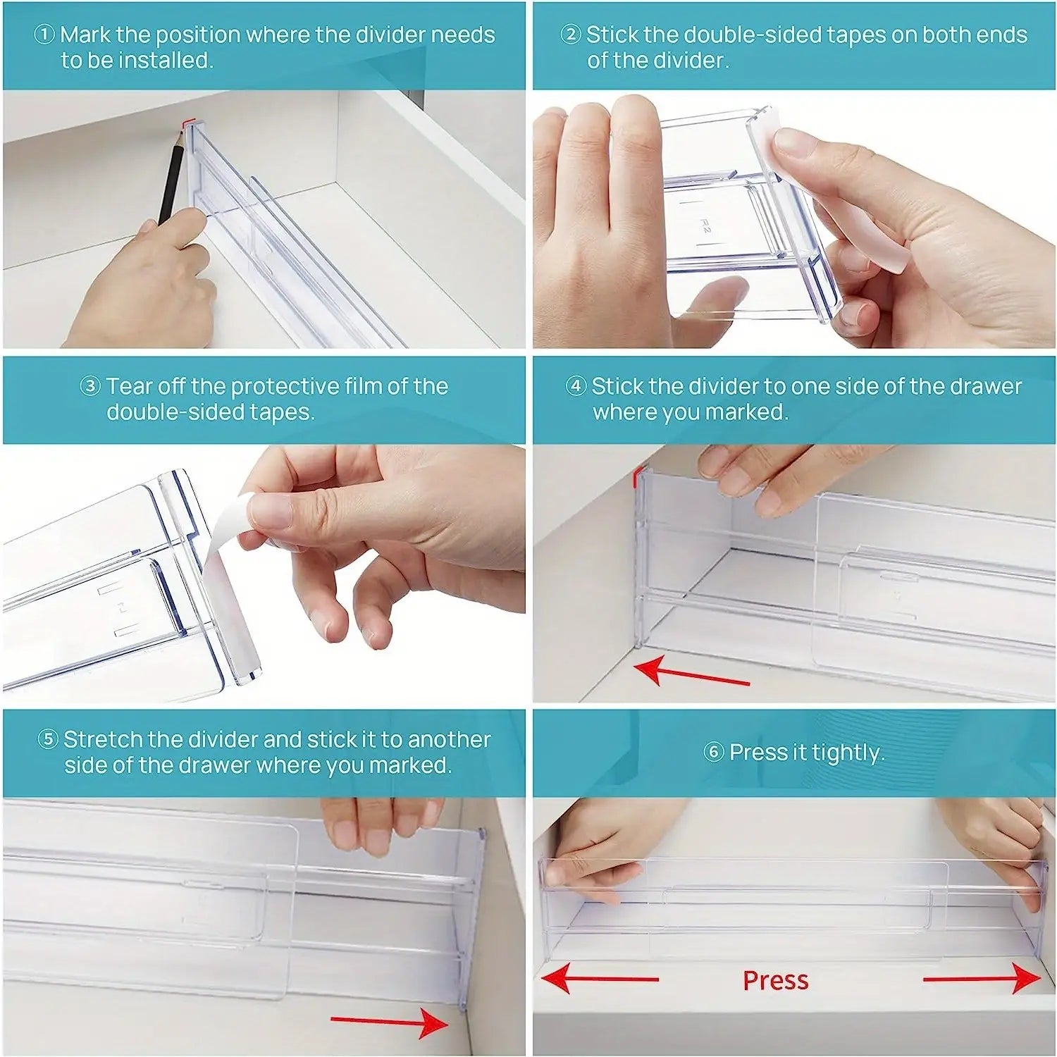 Clear plastic drawer dividers with a sleek minimalist design and double-sided adhesive strips for easy installation in adjustable organizers.