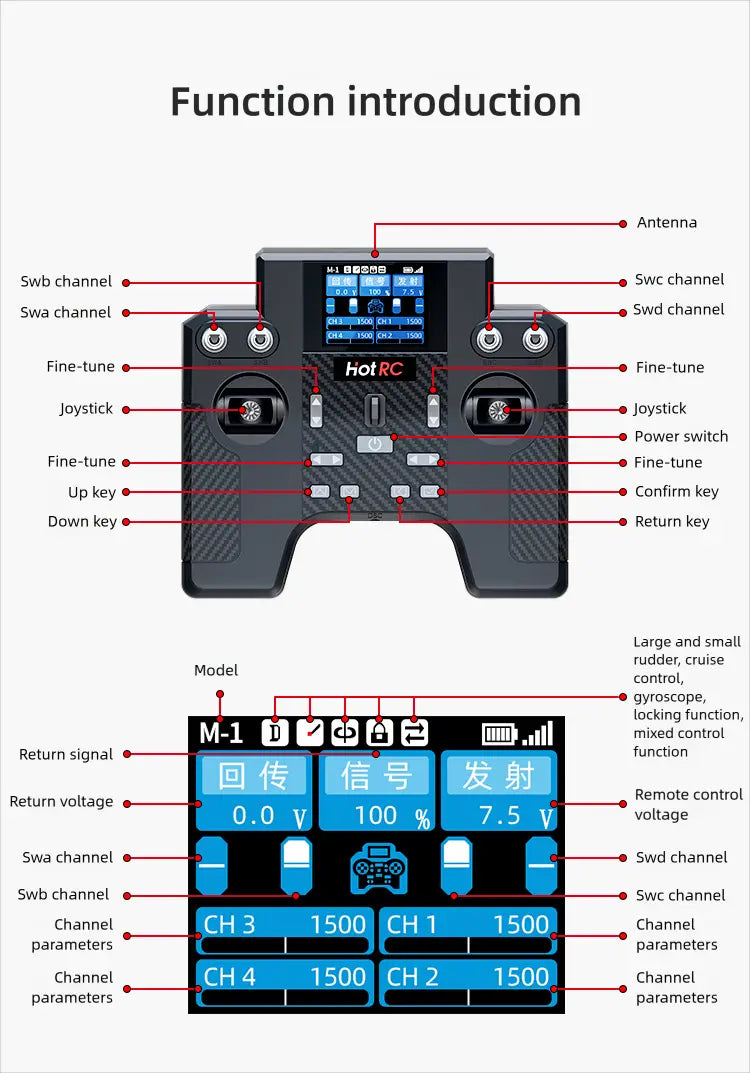 black hotrc m-1 radio transmitter with digital display and multiple control buttons for the ht-8a remote control transmitter kit