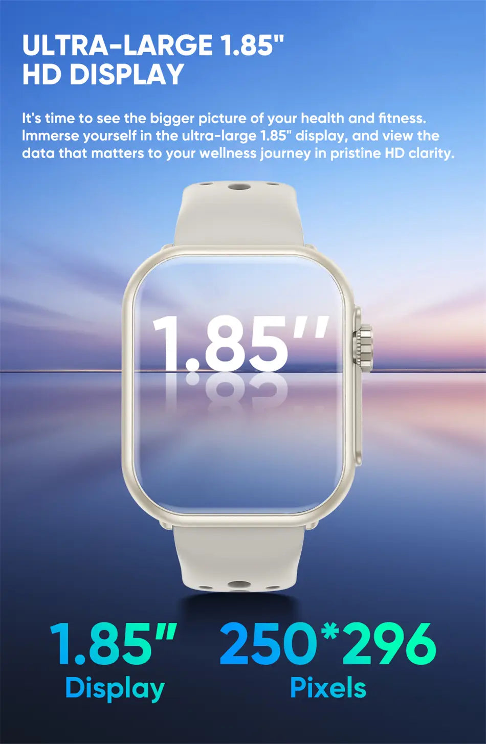 Weißer AMOLED-Bluetooth-Smartwatch-Fitness-Tracker mit 1,85-Zoll-HD-Display, passendem Armband, abgerundeten rechteckigen Gehäusekanten und einer silberfarbenen Krone auf der rechten Seite.
