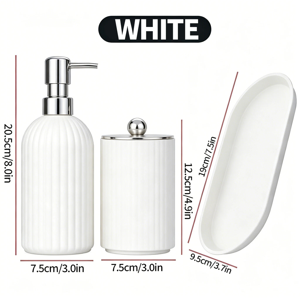 3pcs/set White Bathroom Accessories Set, Farmhouse Organizer with Soap Dispenser, Qtip Jar and Tray for Bathroom Sink