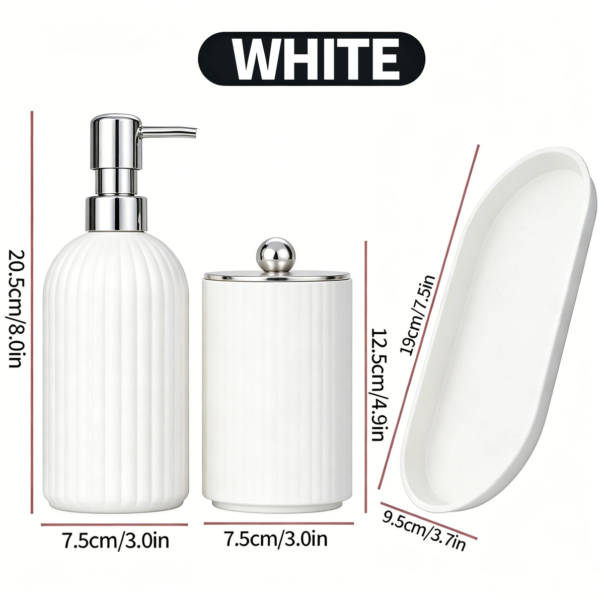 3pcs/set White Bathroom Accessories Set, Farmhouse Organizer with Soap Dispenser, Qtip Jar and Tray for Bathroom Sink