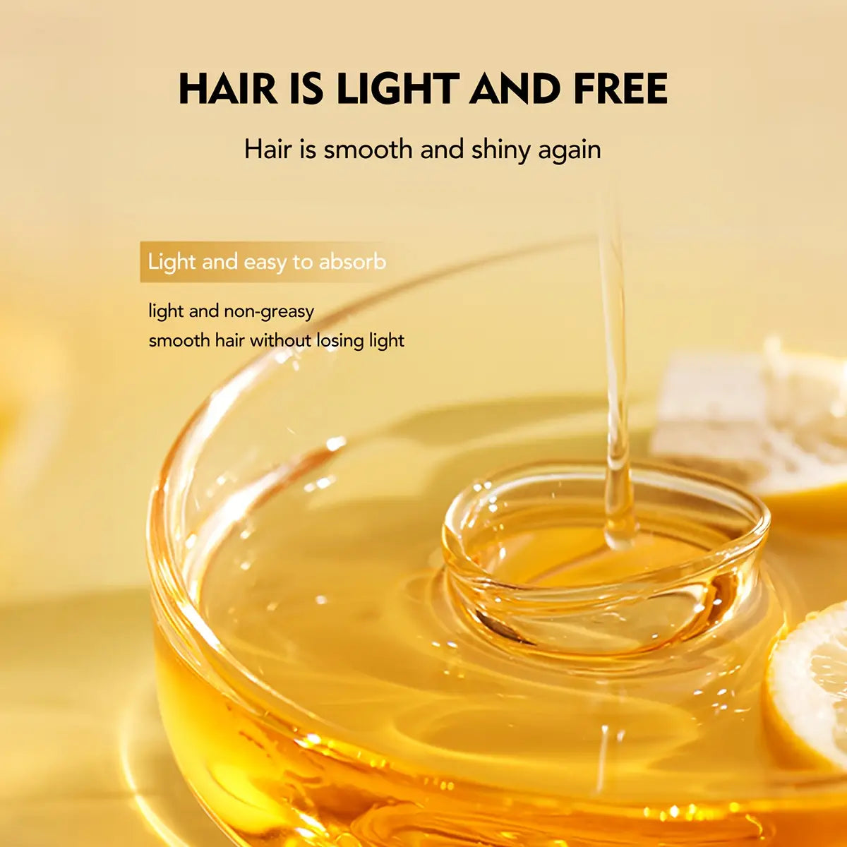 aceite esencial dorado semitransparente para el cuidado del cabello vertiéndose en un cuenco de vidrio transparente a partir de un recipiente de spray esencial de aceite para el cuidado del cabello de 100 ml.