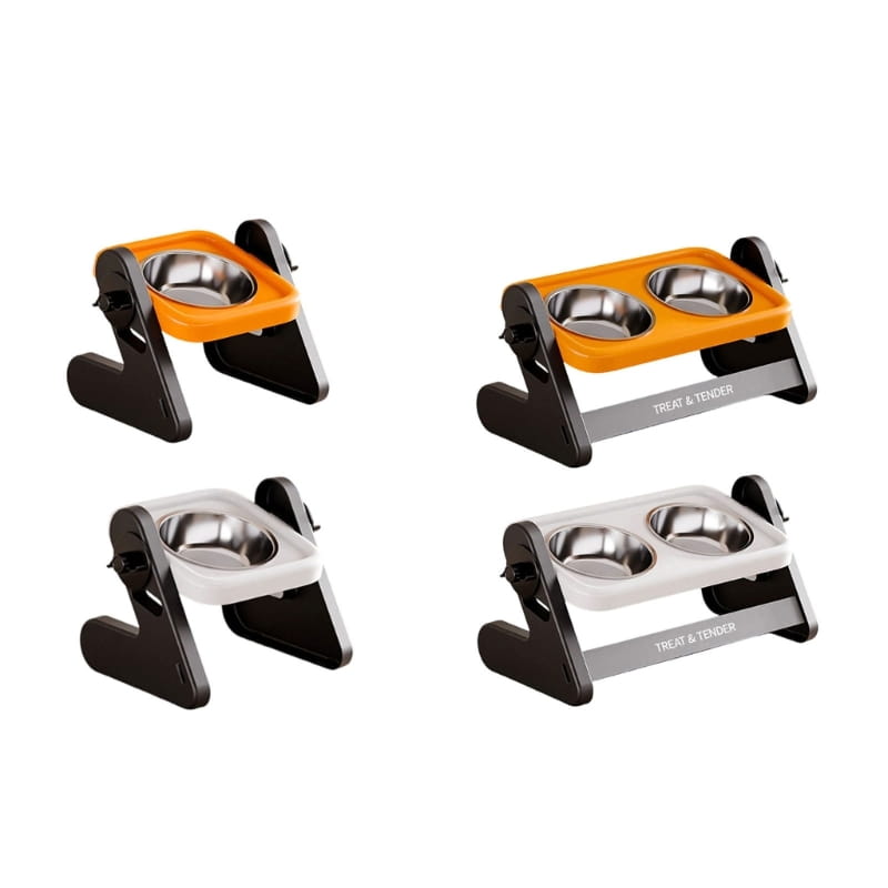 Orange and black height adjustable pet feeding station with stainless steel single bowl for ergonomic pet feeding.