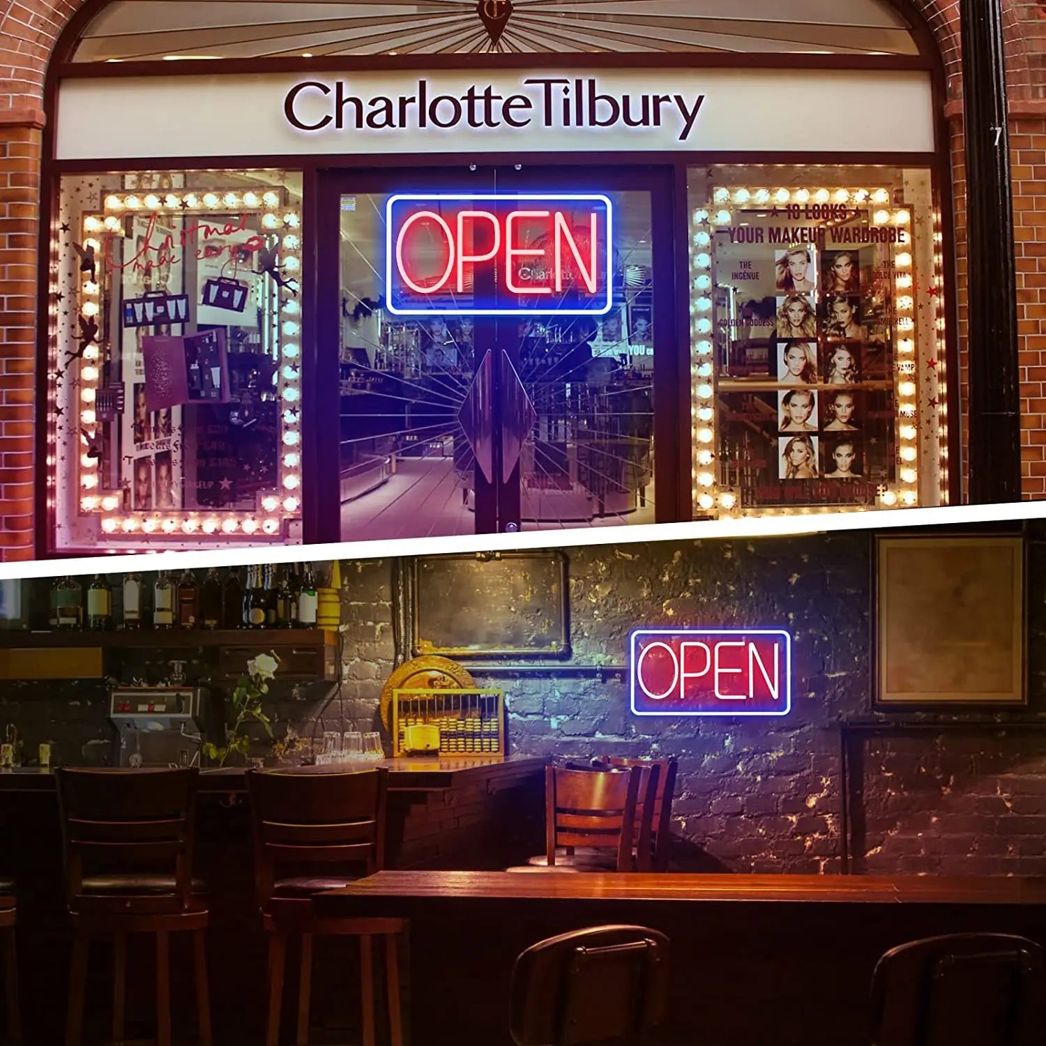 led open neon sign with adjustable brightness featuring red and blue neon lights as a vibrant light source for businesses and homes.