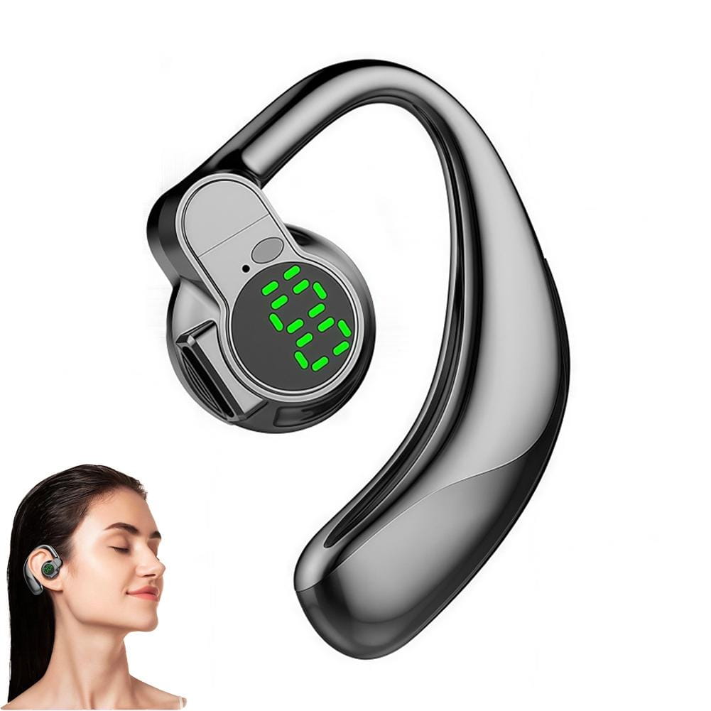 Black open ear Bluetooth 5.4 sport earhook headphones with a digital display showing green LED numbers and control buttons.