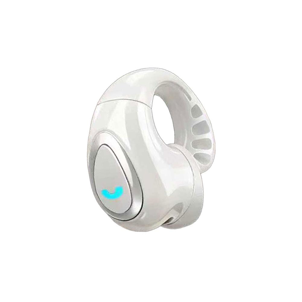 white open ear clip on wireless bluetooth earbud with a sleek ergonomic design and a glowing blue call icon on the touch sensitive button