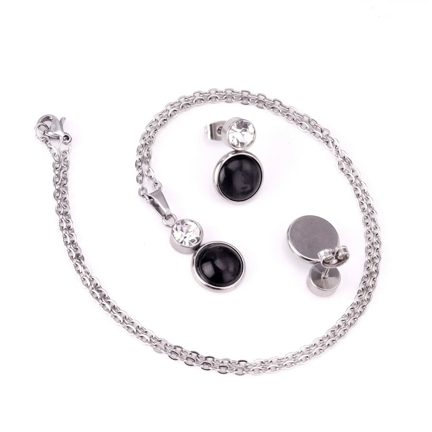 Stainless steel black opal necklace featuring a silver-toned chain with two dangling black oval beads accented by clear crystals.
