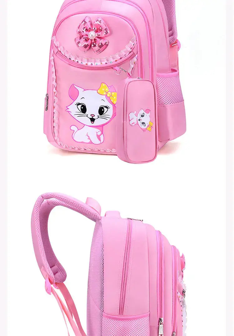 Rosa Katzen-Schulrucksack-Set für Mädchen mit einem rosa Kinderrucksack mit Cartoon-Katzendesign, funkelnder Schleife und Mesh-Seitentaschen.