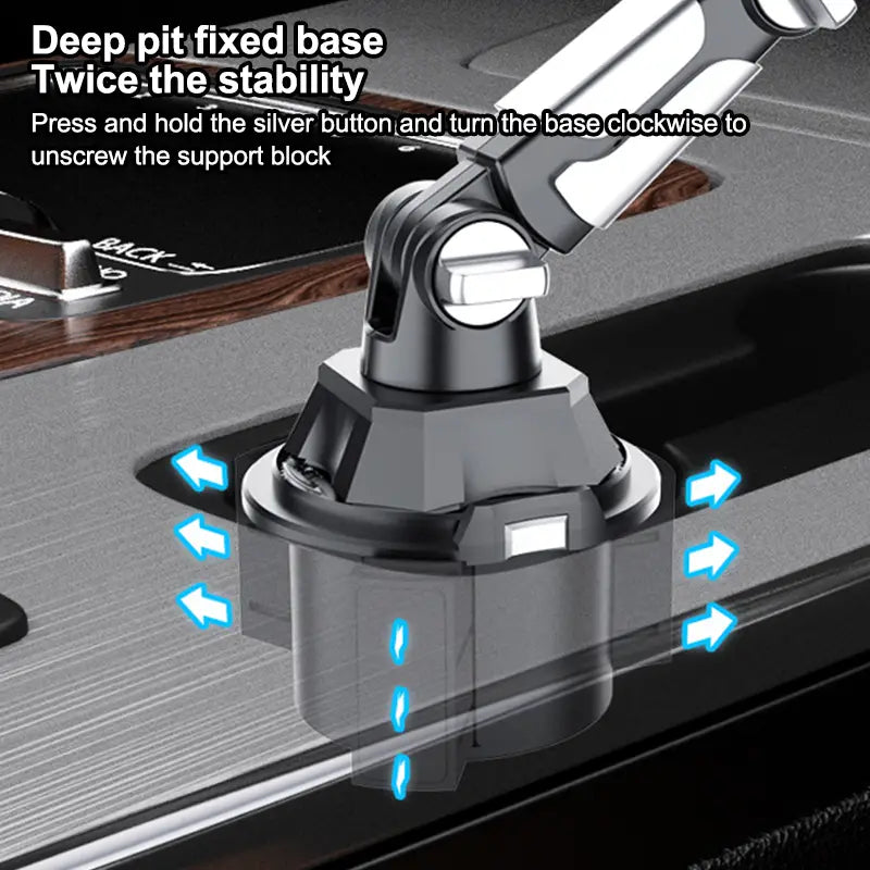 Black and silver adjustable car phone mount with 360 degree rotation and deep pit fixed base for enhanced stability hands free use.