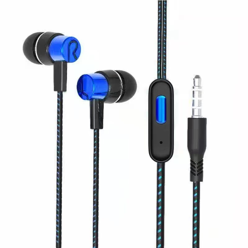 Blau-schwarze verkabelte In-Ear-Kopfhörer mit Mikrofon, mit geflochtenem Kabel und Inline-Steuermodul für erhöhte Langlebigkeit und Audio-Steuerung.