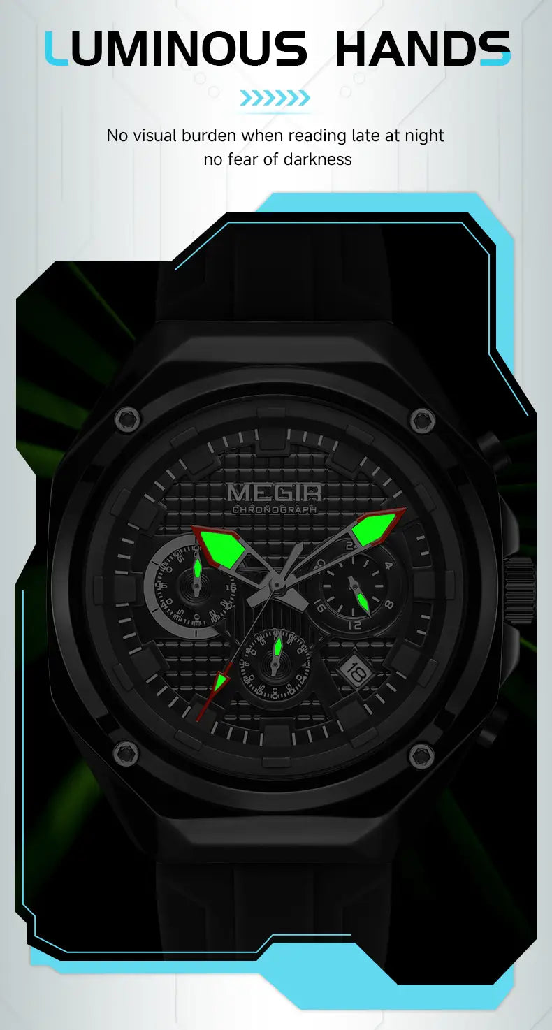 Black Megir sport chronograph watch with glowing green hands and markers featuring a silicone strap for active use.