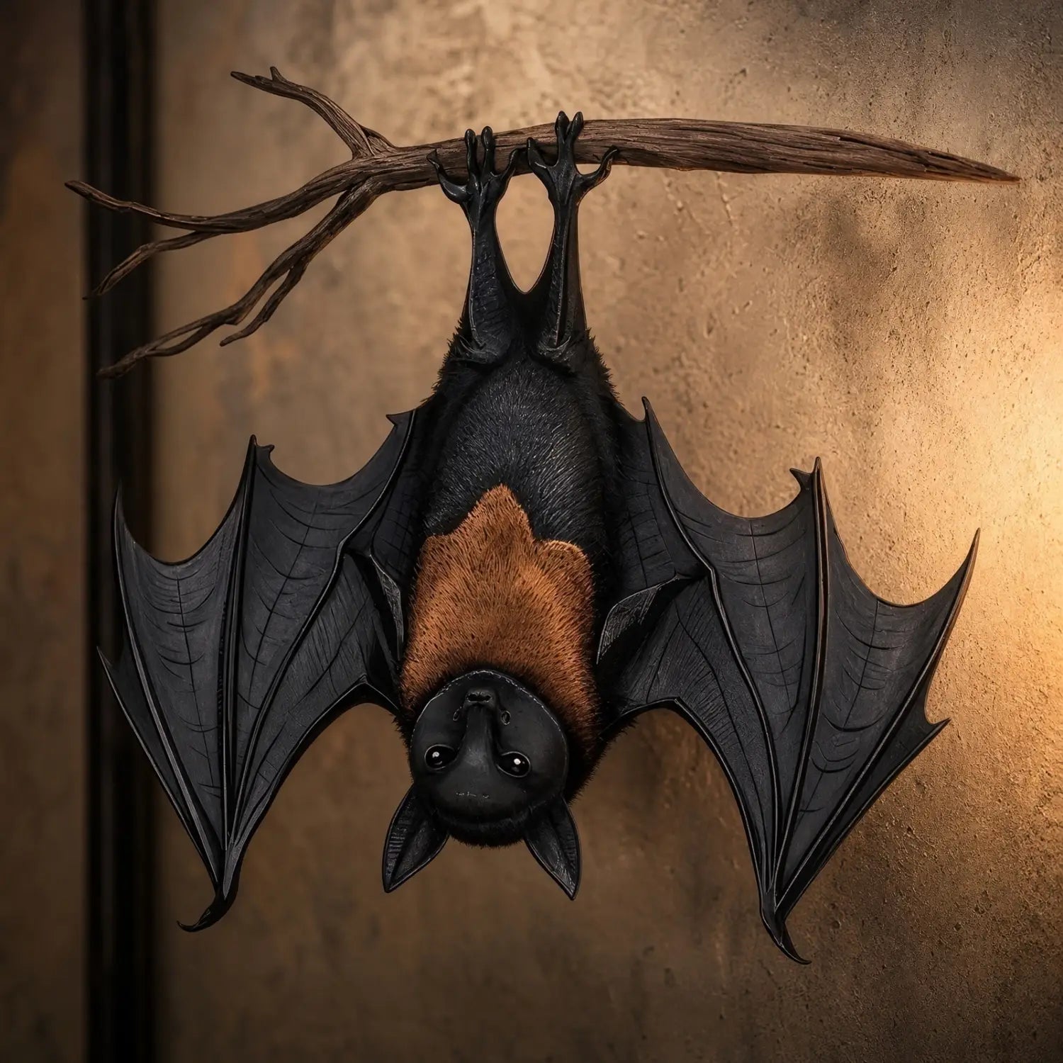 Ornement suspendu de chauve-souris noire et brune aux ailes détaillées et à la fourrure texturée, conçu pour la décoration de sapin d’Halloween.