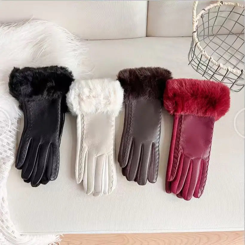 Leather Gloves for Women in Winter, Thickened To Keep Warm and Prevent Cold Hair. Leather Gloves for Women