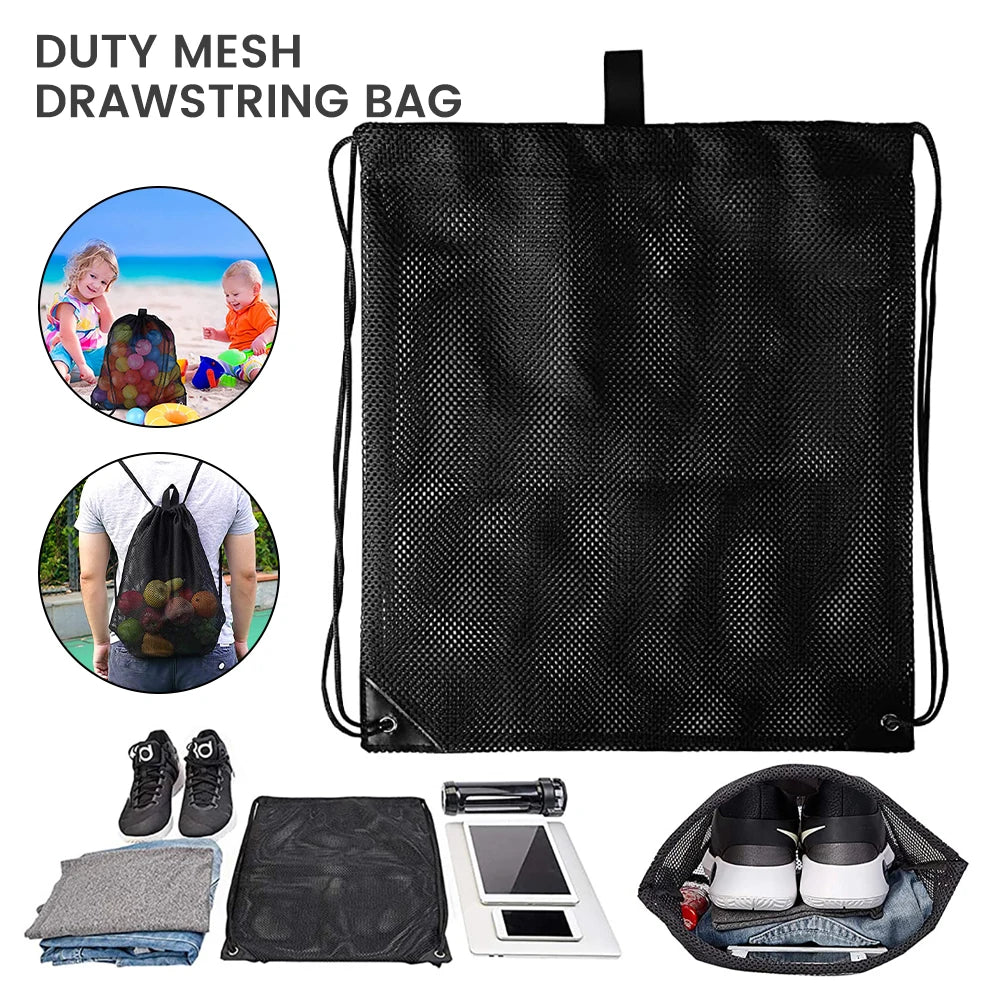 Mesh Drawstring Bag Backpack Black Mesh Bags Heavy Duty Soccer Ball Net Bag Equipment Bag for Gym, Beach, Swimming Gears