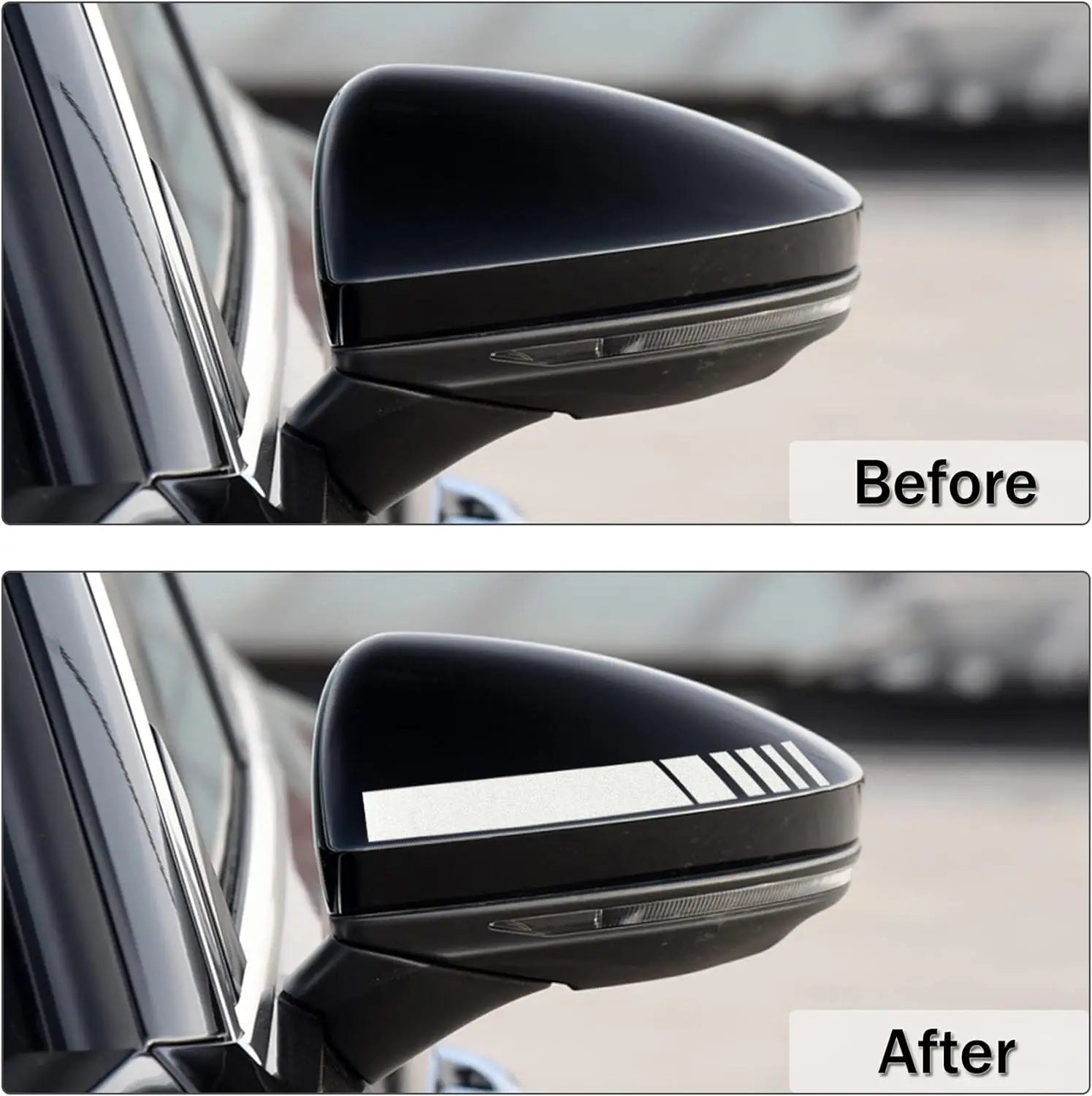 Miroir latéral de voiture noir, finition brillante et élégante et design moderne, comportant trois bandes diagonales blanches sur la partie inférieure, dans le cadre d’un lot d’autocollants vinyle rayés pour rétroviseurs de voiture.