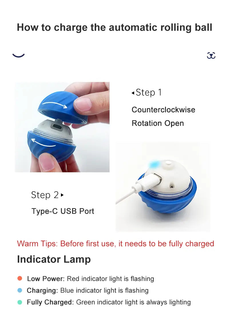blue spherical automatic rolling ball with type-c usb port and indicator lamp for charging status shown from a side angle as an interactive dog toy accessory feature