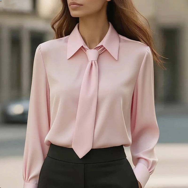 Women's Shirt Formal Bow Tie Long-sleeved Office Lady Shirt Women Fashionable Solid Color Autumn Shirt Blouses White Tops