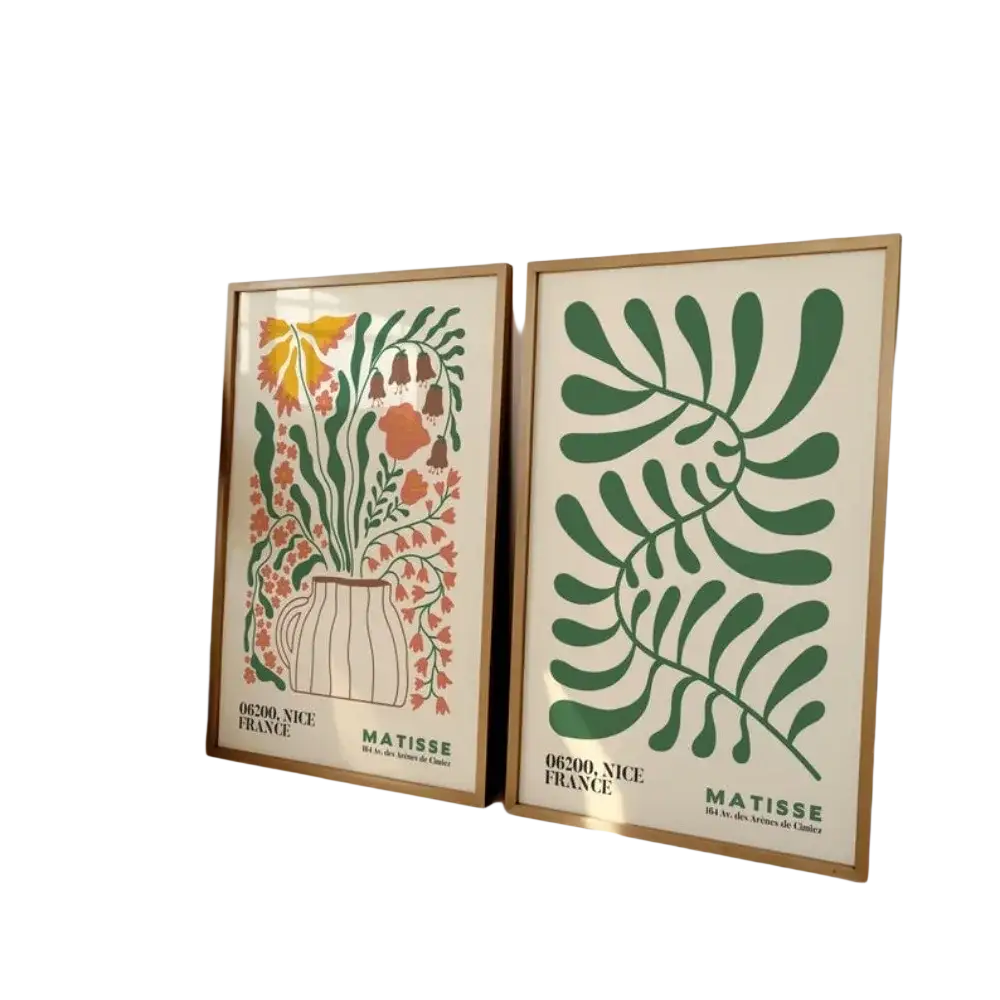 Two frameless matisse flowers prints featuring stylized botanical illustrations in muted earth tones with green accents