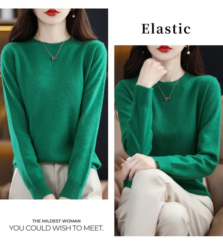 A soft vibrant green pure wool cashmere o-neck pullover sweater with long sleeves and a round neckline.