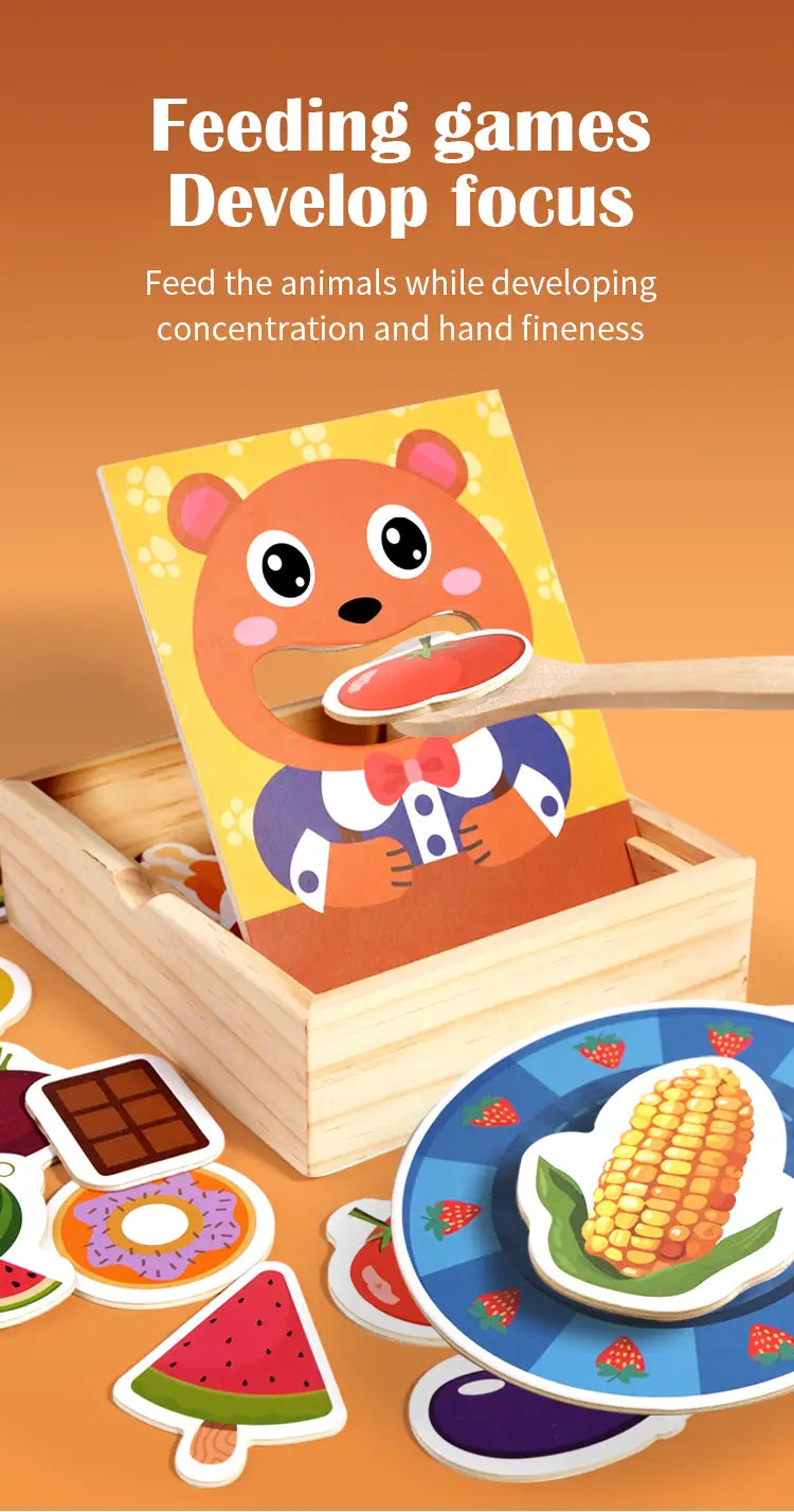 Spielzeug mit Holz-Bärenfütterung: ein farbenfrohes Cartoon-Bären-Spielzeug mit lebensmittelförmigen Ausstanzungen und Tellern in einer hölzernen Box.