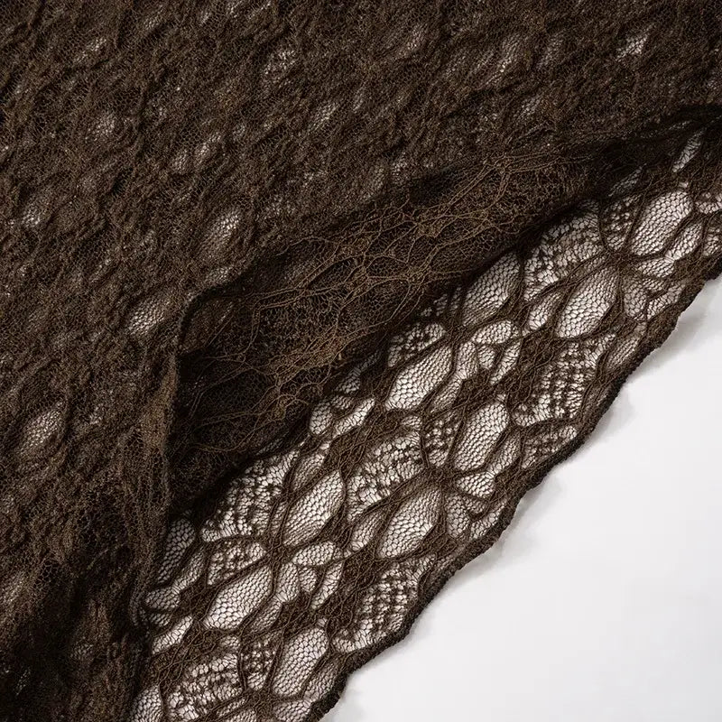 dark brown lace long sleeve crop top for women aesthetic clothes featuring an intricate repeating floral pattern on lace fabric