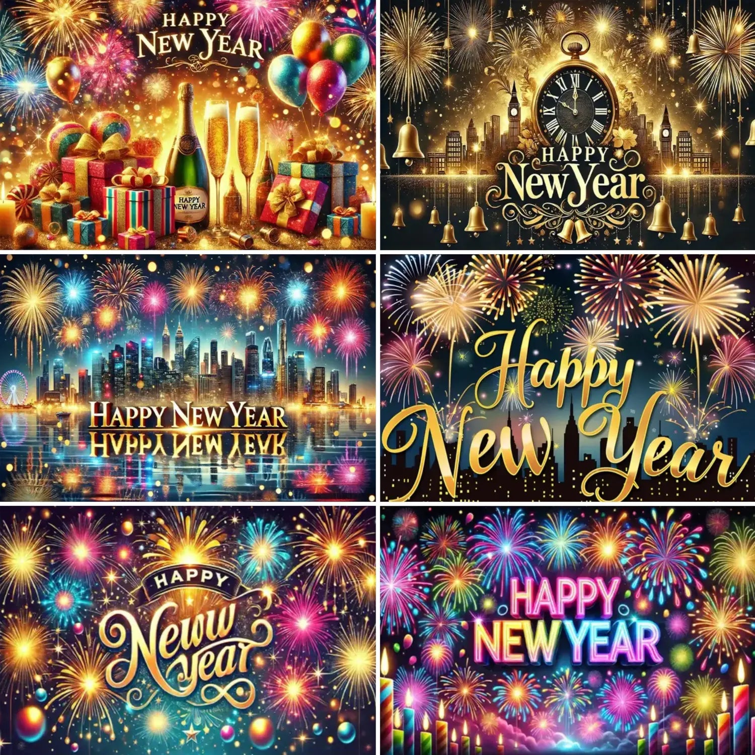 new year party photography backdrop featuring vibrant multi-colored fireworks and gold cursive happy new year text against a dark sky.