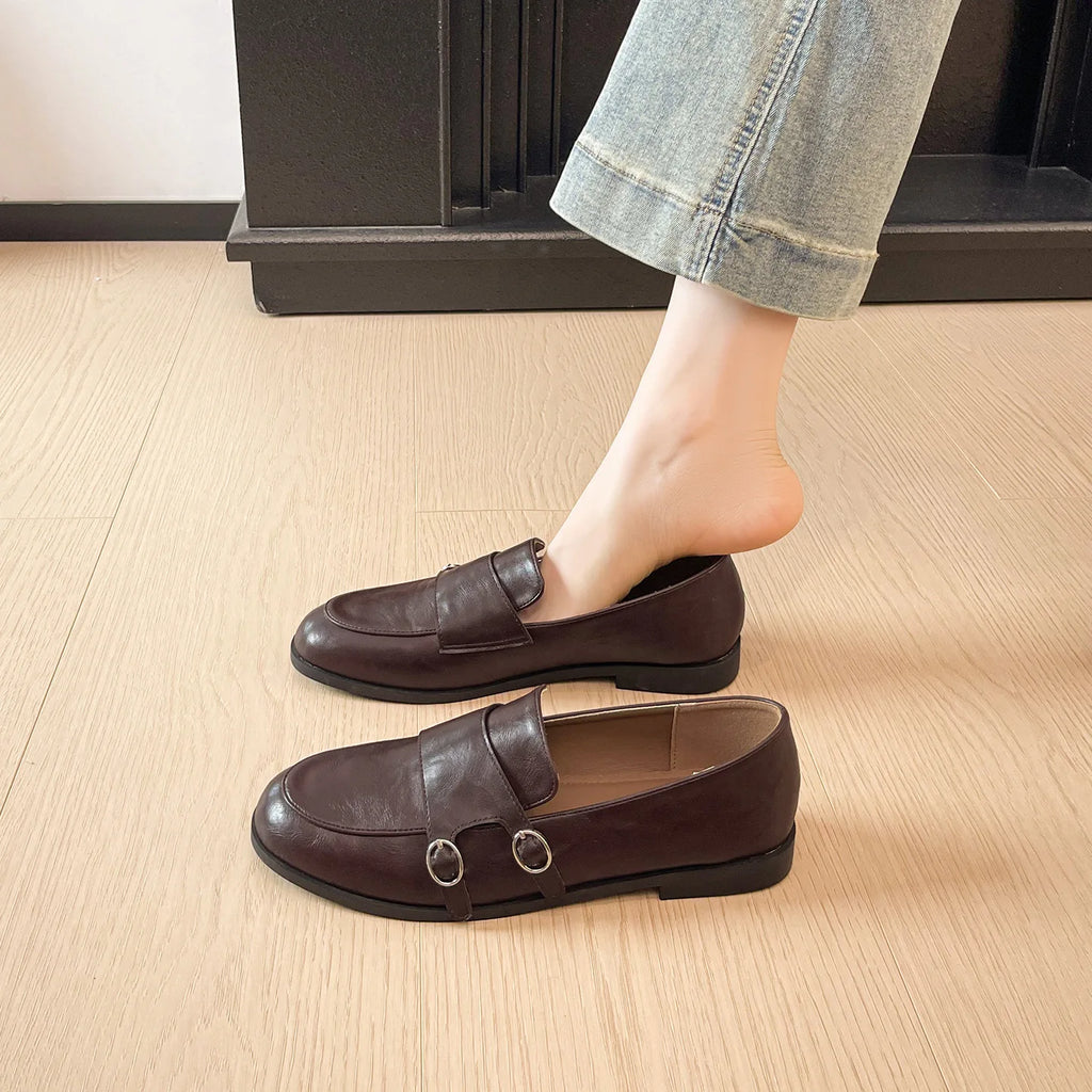 Shoes for Women Leather Flat Shoes Retro British Style Leather Casual Shoes Girl Fashion Slip-on Loafers