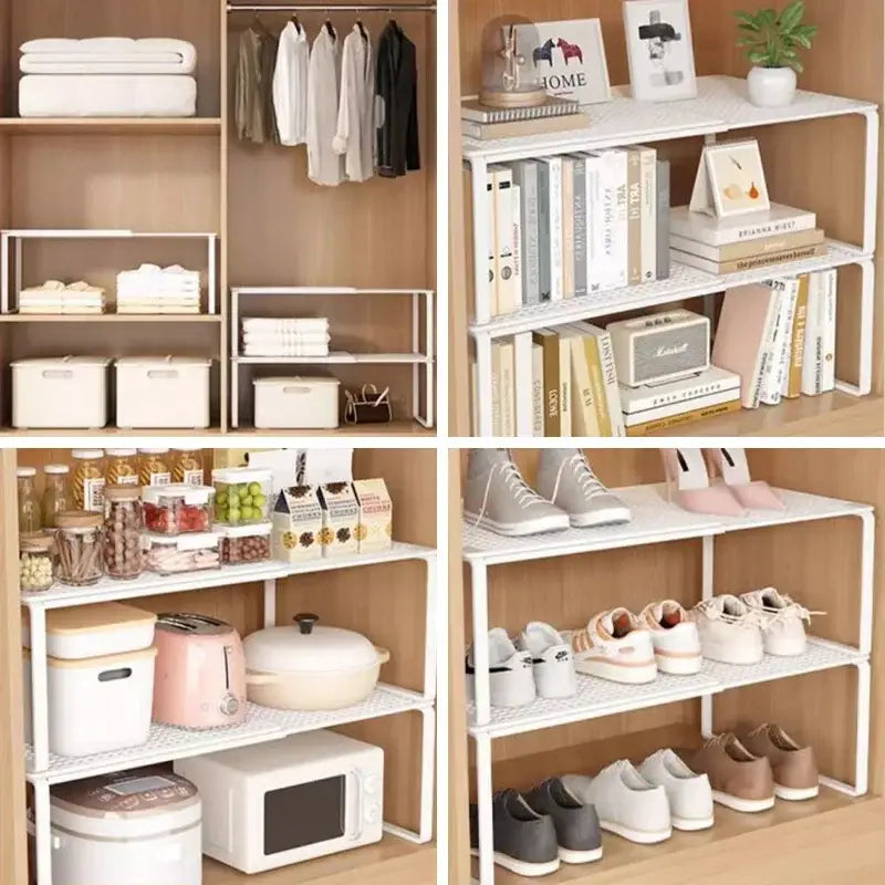 Étagère télescopique de placard en métal blanc à mailles avec surface à motifs en grille, conçue comme un organisateur de placard télescopique ajustable et empilable.