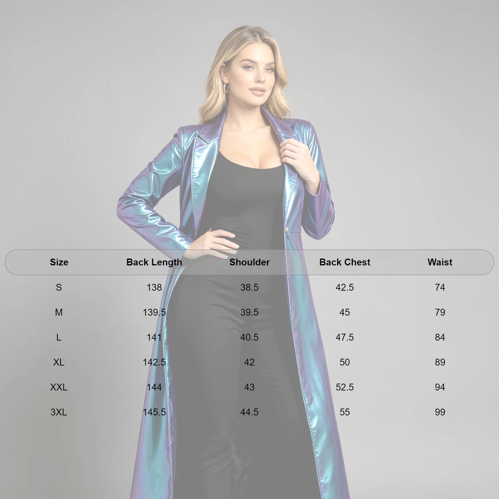 Womens Metallic Trench Coat Turn-down Collar Long–sleeve One Button Gothic Retro Jacket Outerwear Rave Party Clubwear Streetwear