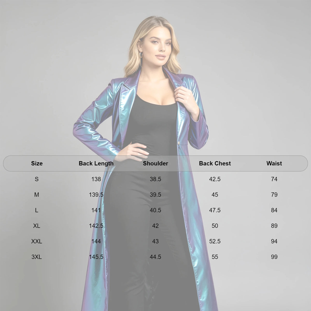 Womens Metallic Trench Coat Turn-down Collar Long–sleeve One Button Gothic Retro Jacket Outerwear Rave Party Clubwear Streetwear