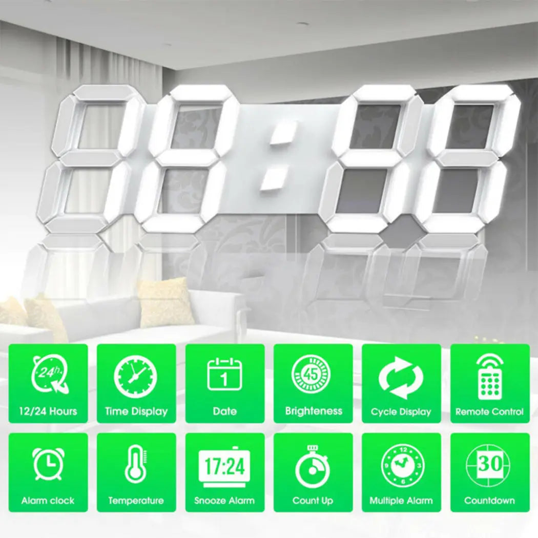 Horloge murale numérique LED 3d blanche moderne avec chiffres illuminés et affichage 24 heures, dotée de plusieurs fonctions intelligentes pour améliorer les performances de l’horloge murale