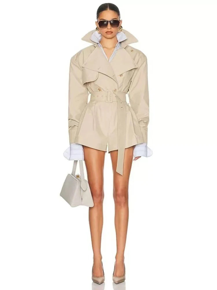 Winter Sexy Lapel Neck Long Sleeve Jacket Jumpsuit With Belt Women Double-breasted Jumpsuit Shorts Elegant Evening Party Runway