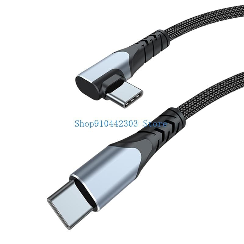 Black and silver braided usb c cable with angled connectors for 100w fast charging and data transfer.
